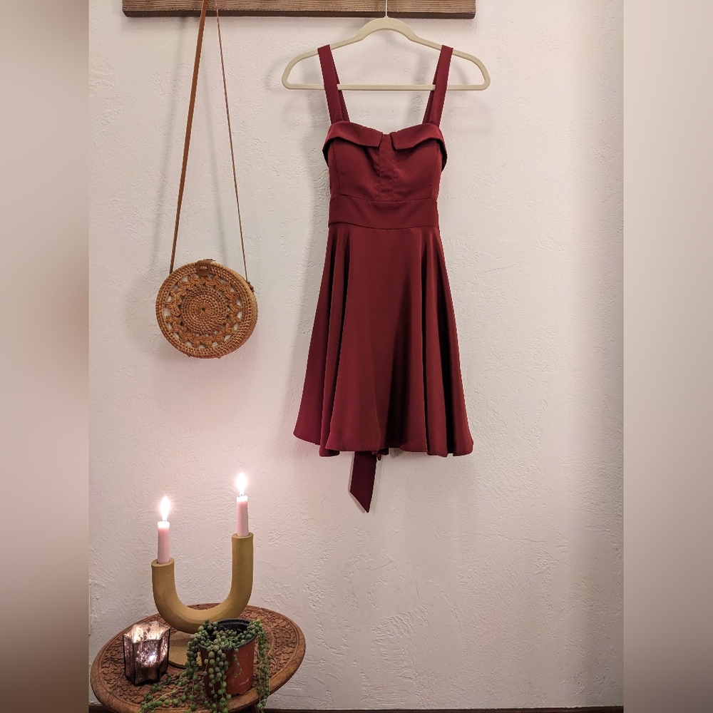 Red Wine, Fit & Flare Cocktail Dress with Tie-back / Medium / Knee-length